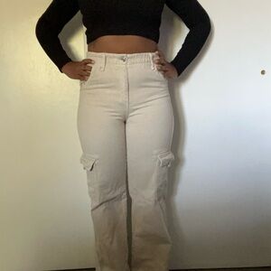 Bershka Cream Cargo Wide Leg Pants